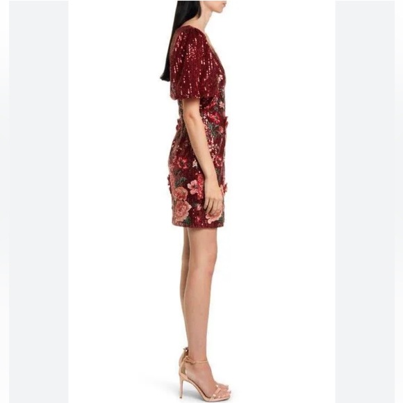 Marchesa Notte Burgundy Sequin Floral Embroidered Cocktail Mini Dress Size 4 NWT - Picture 7 of 16